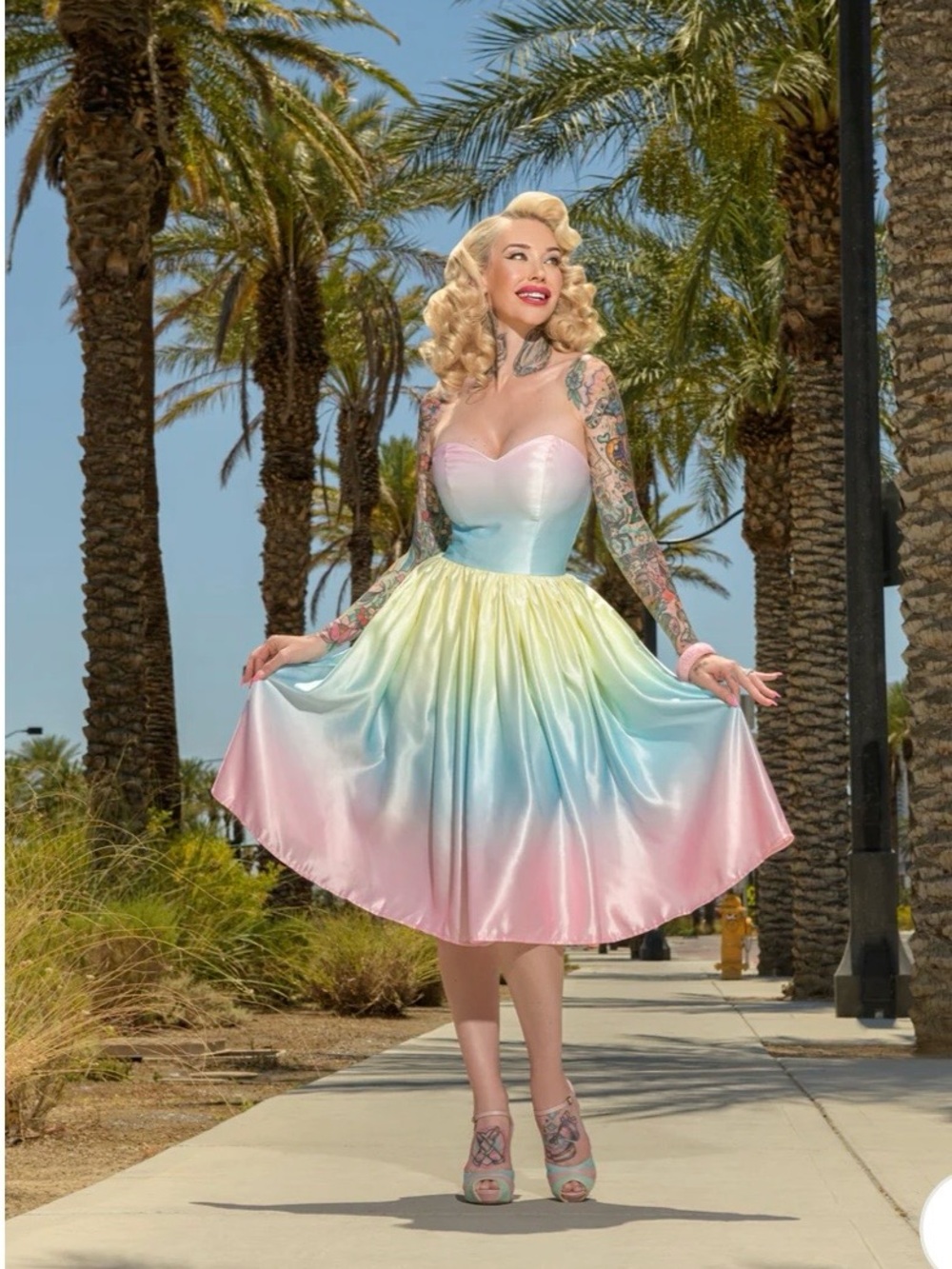 Boulevard Nights Pastel Ombre Satin Midi Dress — Pink, Blue & Yellow rainbow. - Picture 6 of 7